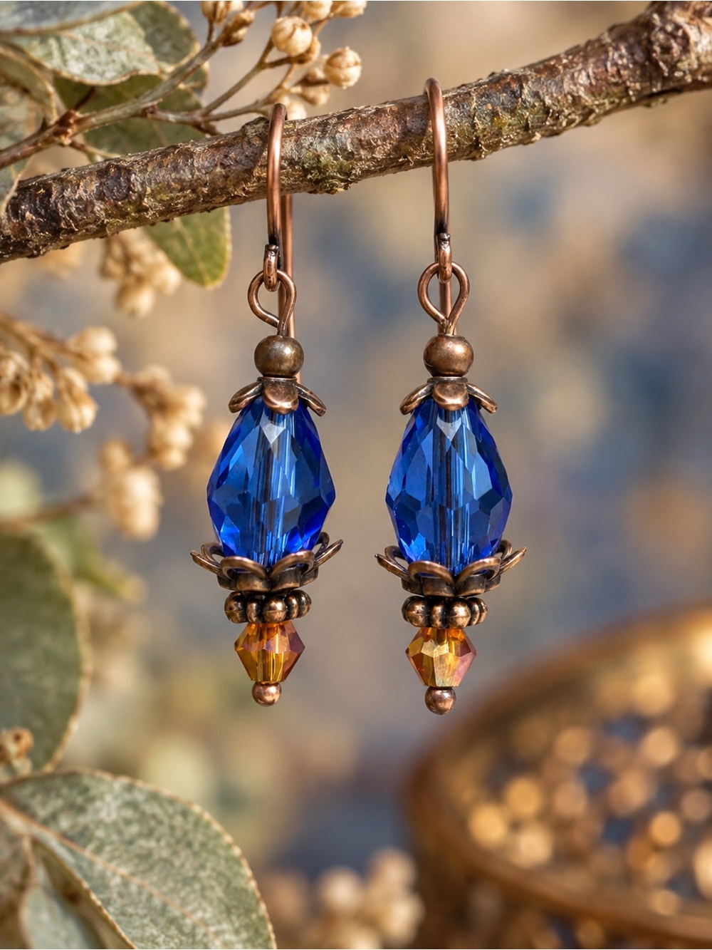Handmade Cobalt Blue Faceted Glass Earrings Amber Crystal, Antique Copper Dangle